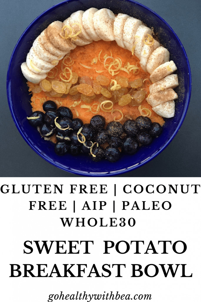 Sweet potato breakfast bowl in a blue bowl