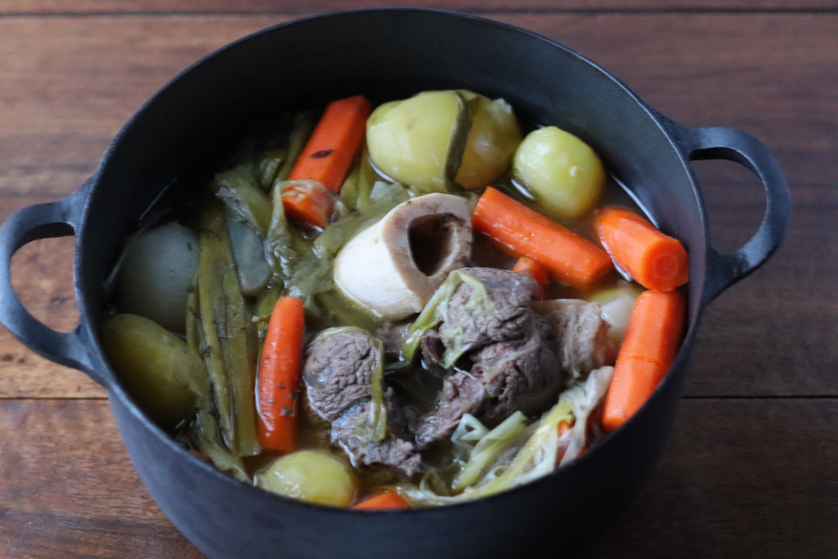 French beef stew Pot au feu in a large Dutch oven
