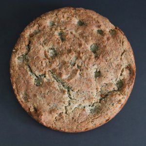 a head shot of an olive focaccia bread