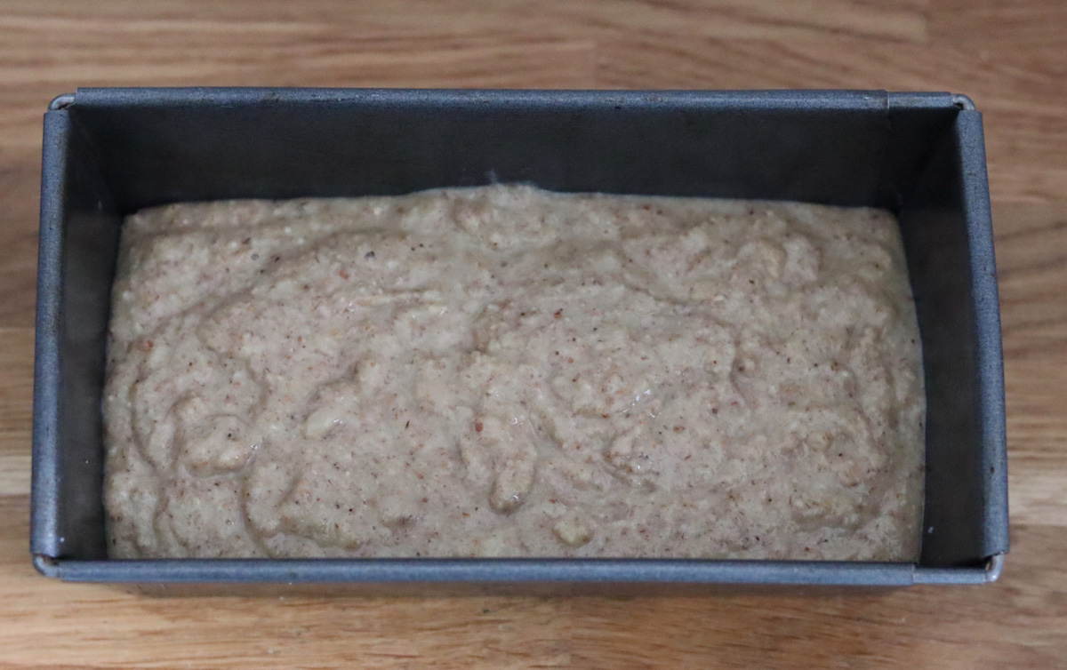 the banana bread batter in a baking tin right before going in the oven