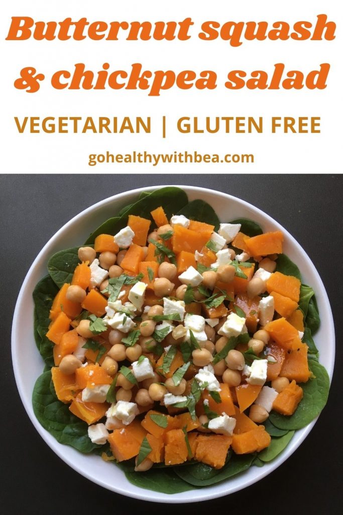 a graphic with a picture of butternut squash and chickpea salad and a text overlay