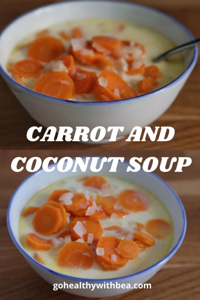 a graphic with 2 pictures of carrot coconut soup in a bowl with a text overlay between the 2 pictures