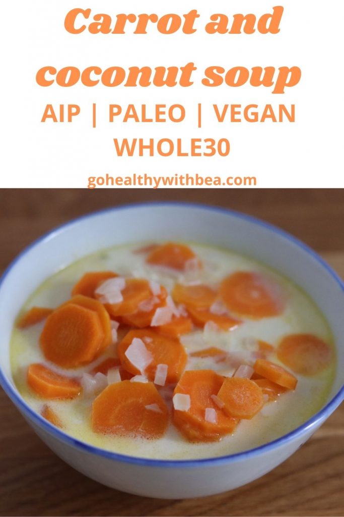a graphic with a picutre of carrot coconut soup in a bowl and a text overlay with the title