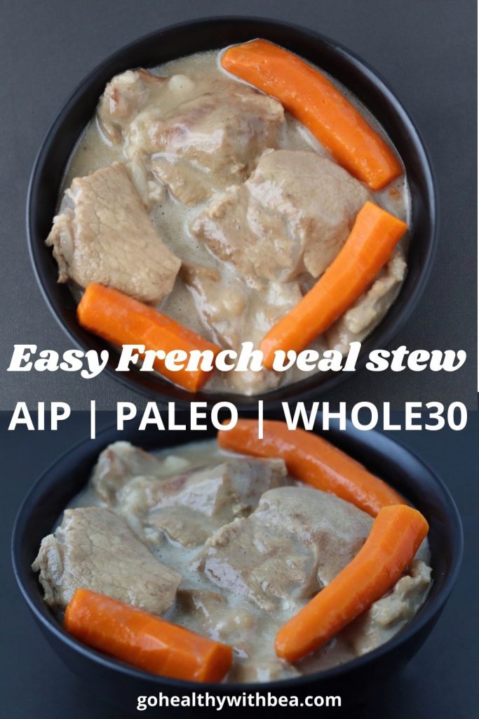 a graphic with 2 pictures of veal stew in a back bowl and a text overlay