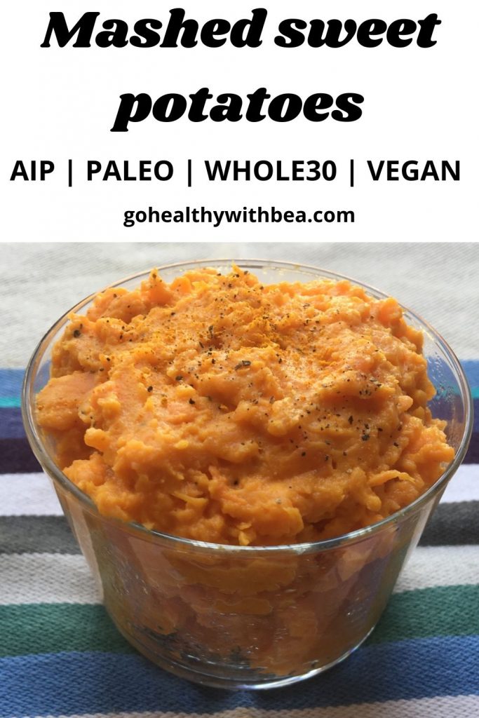 a graphic with mashed sweet potatoes in a glass jar and a text overlay with the title