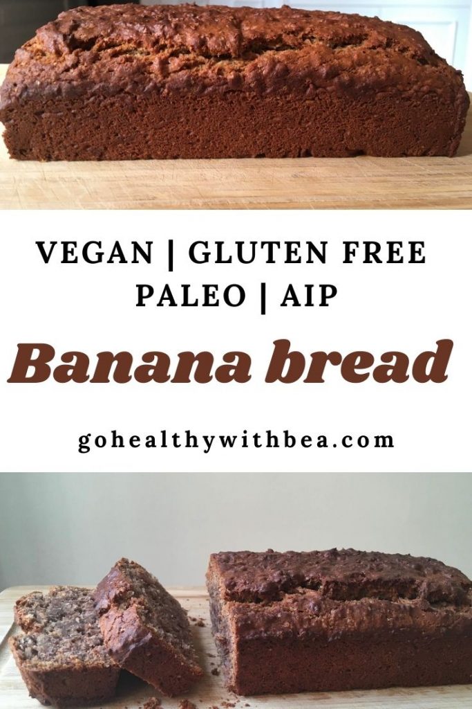 2 pictures of a vegan gluten free banana bread and a text overlay in the middle with the title