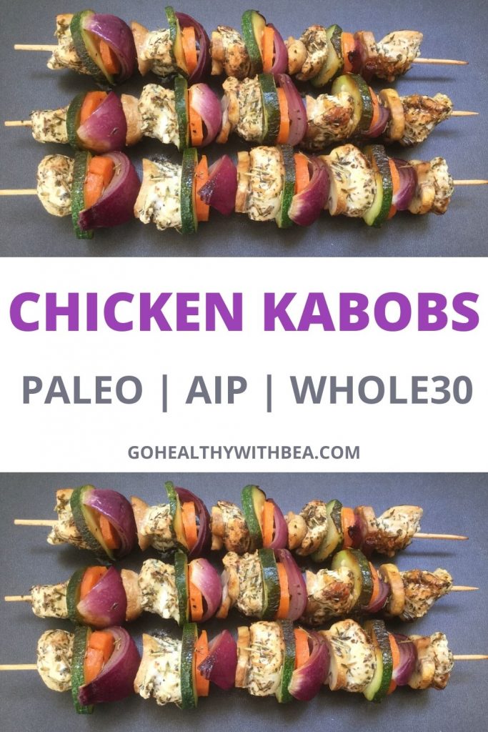 2 pictures of chicken kabobs and a text overlay in the middle with the title