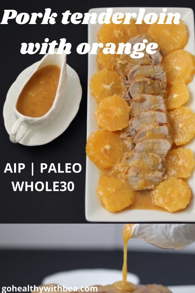 a graphic with 2 pictures of pork tenderloin with orange and the title