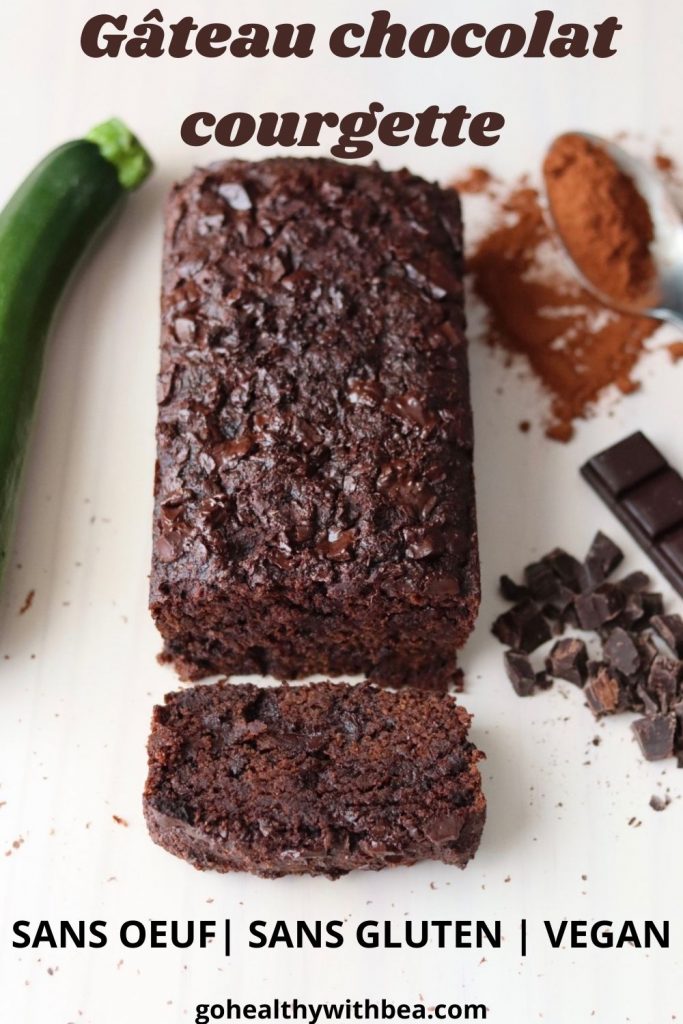 un gâteau chocolat courgette avec une courgette sur le côté, une cuillerée de cacao en poudre et des morceaux de chocolat et le titre écrit sur la photo