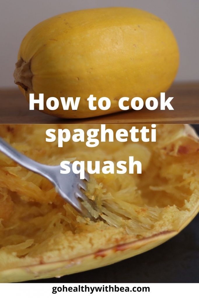 a graphic with 2 pictures of a spaghetti squash where one is raw and the other one cooked