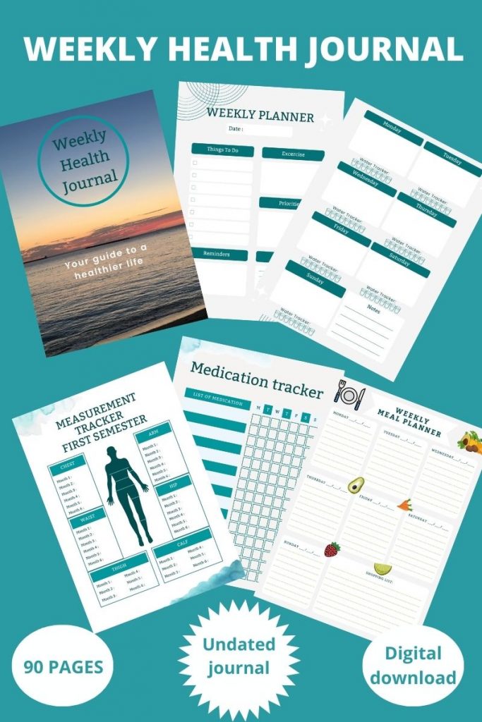 a collage of the weekly health journal cover and a few pages included in the journal