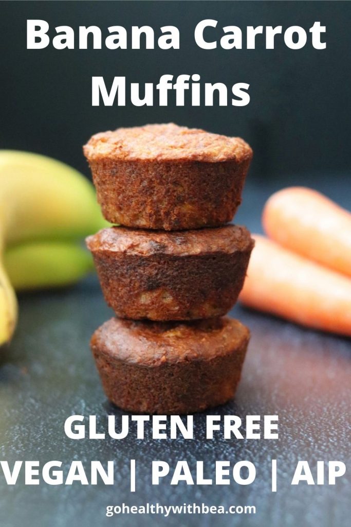 graphic with a picture of 3 banana carrot muffins piled up with bananas and carrots in the background with a text overlay with the title