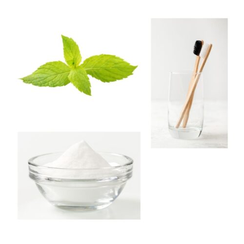 a graphic with 3 pictures: one of mint leaves, one of 2 toothbrushes in a glass and another one with baking soda in a glass bowl
