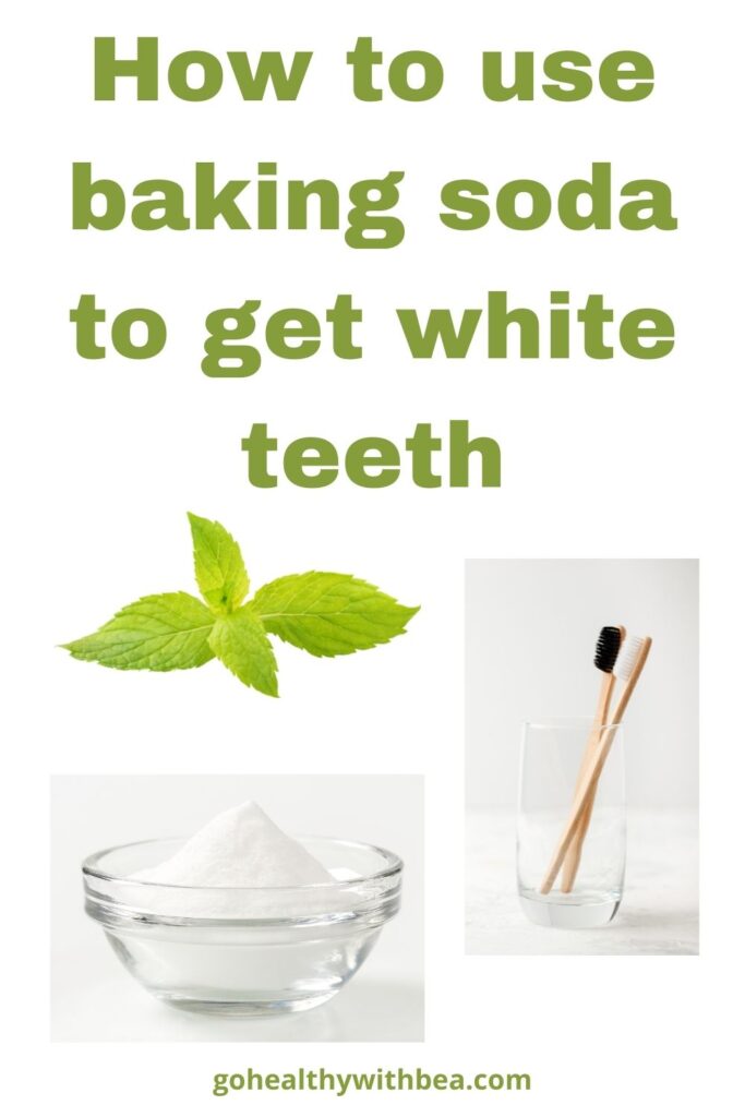 a graphic with 3 pictures: one of mint leaves, one of 2 toothbrushes in a glass and another one with baking soda in a glass bowl and the title written in green letters