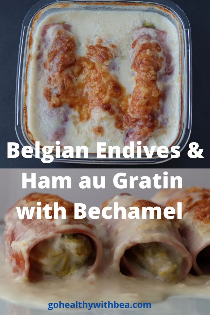 graphic with 2 pictures of endives gratin and the title written in white letters in the middle