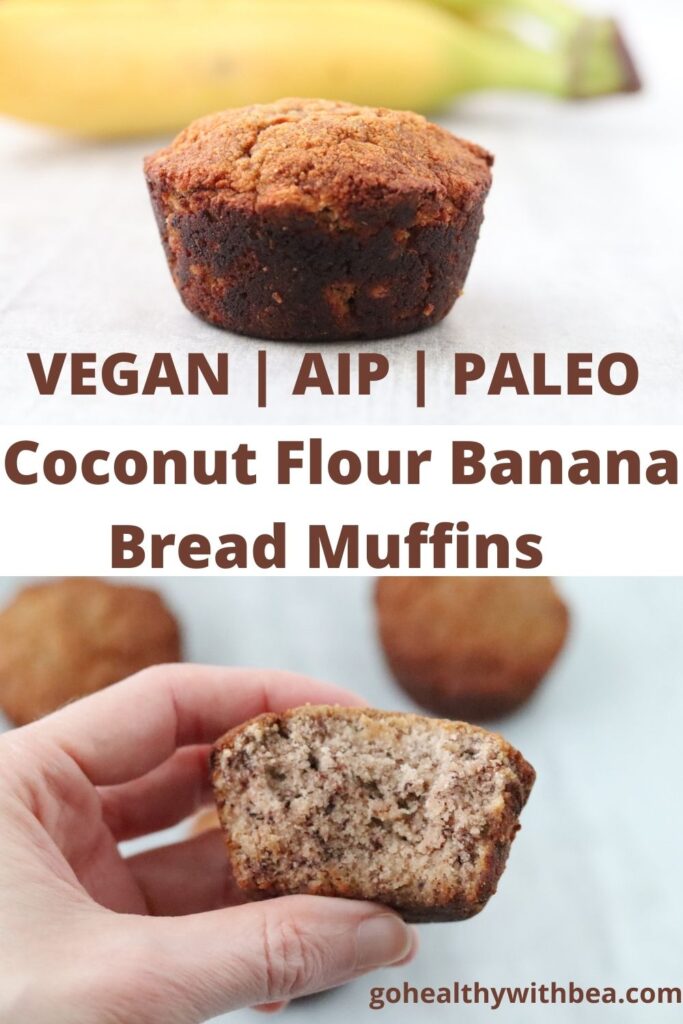 a graphic with the picture of a banana bread muffin in front of 2 blurry bananas and the picture of an half eaten banana muffin with the title in the middle