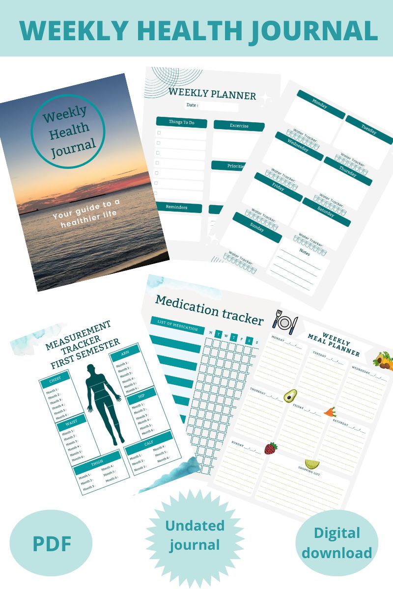 a collage of the weekly health journal cover and a few pages included in the journal