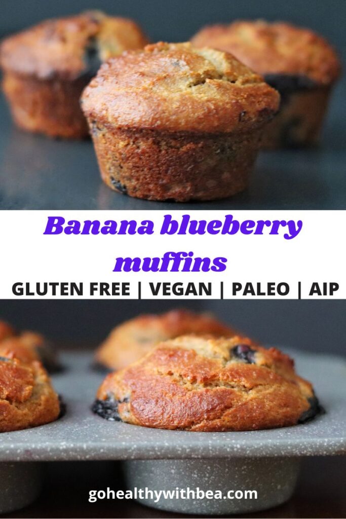 a graphic with 2 pictures of banana blueberry muffins and a text overlay in the middle