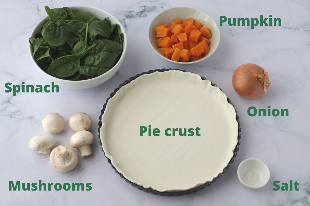 picture of all pumpkin and spinach quiche ingredients