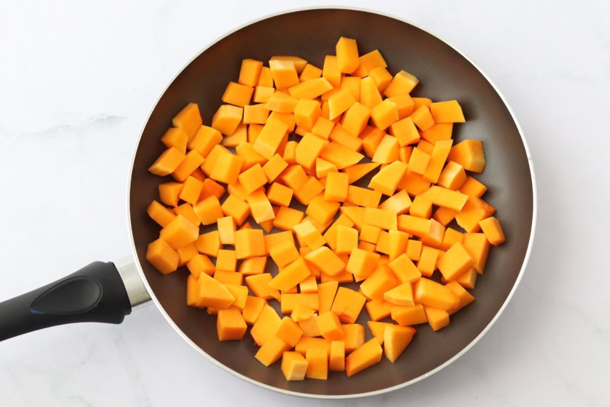 butternut squash cubes in a pan