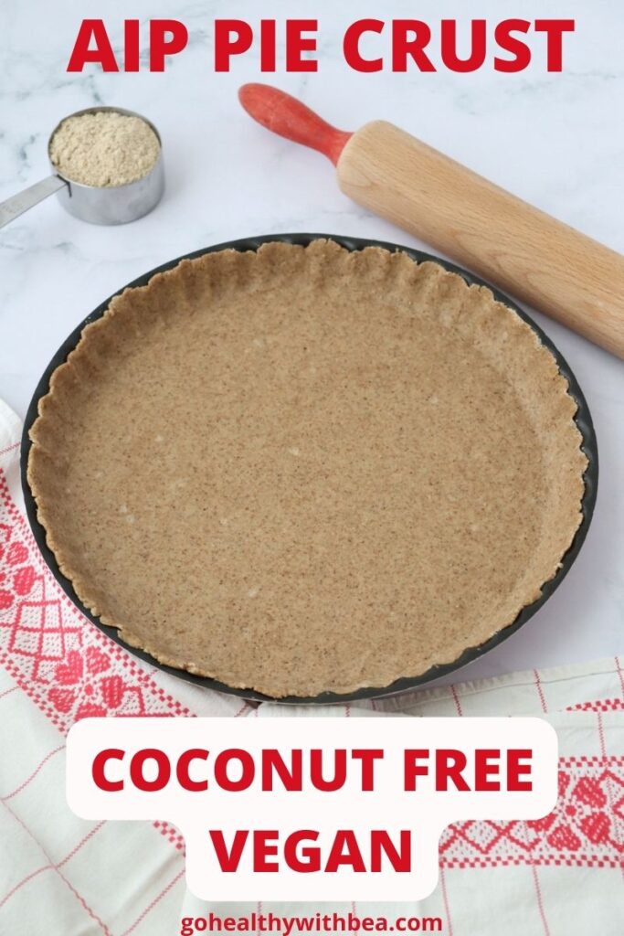 a graphic with a picture of a pie crust in a pie tin with a table cloth and a rolling pin, a table cloth and a cup full of flour on the side and a text overlay
