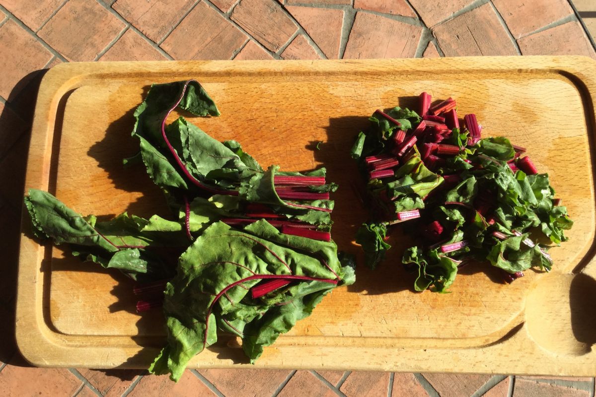 beet greens being chopped on a wooden cutting board
