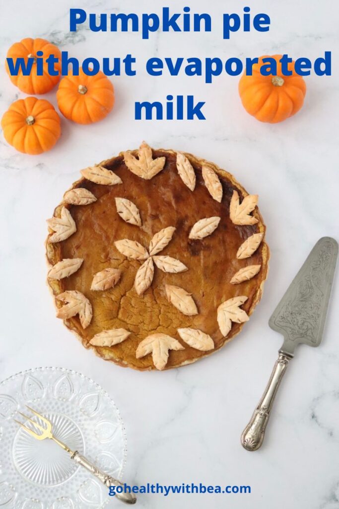 a pumpkin pie decorated with crust leaves, mini pumpkins around it with a plate, a fork and a cake server and a text overlay with the title