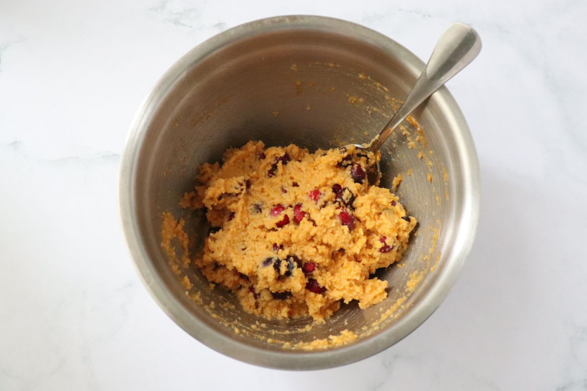 the muffin batter once the cranberries and orange zest have been incorporated
