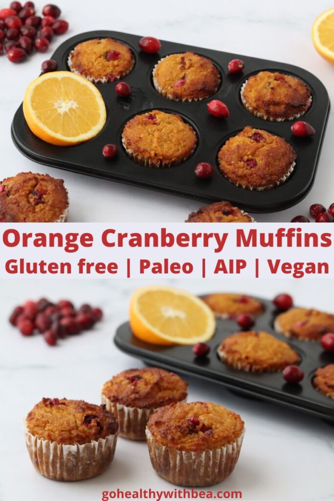 a graphic with 2 pictures of cranberry orange muffins and a text overlay in the center with the title