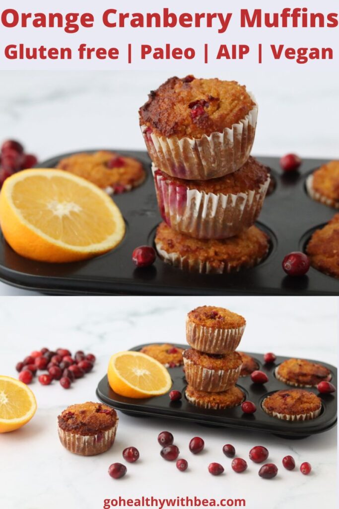 a graphic with 2 pictures of cranberry orange muffins and a text overlay at the top with the title