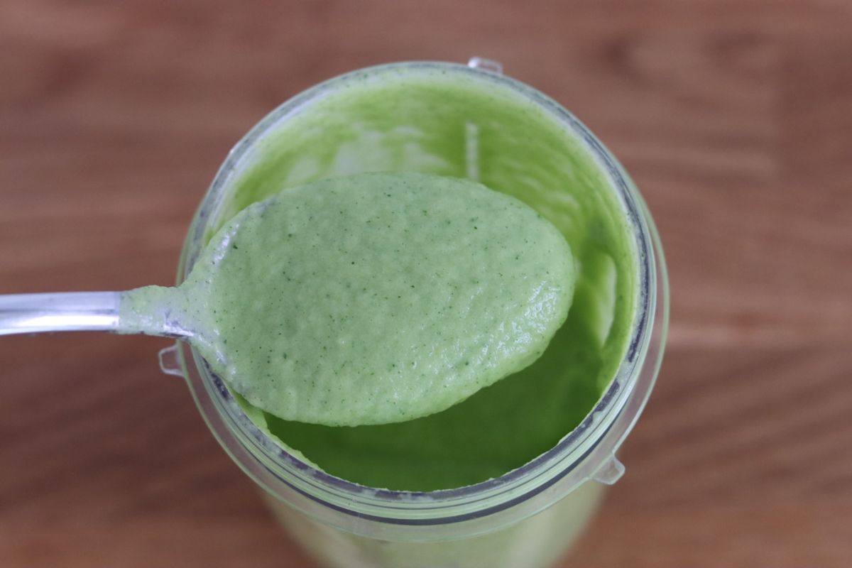 blended zucchini in a blender and a spoonful to show the liquid consistency