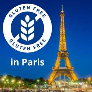 a picture of the Eiffel Tower with the logo "gluten free" and "in Paris" subtitle on the side on the picture