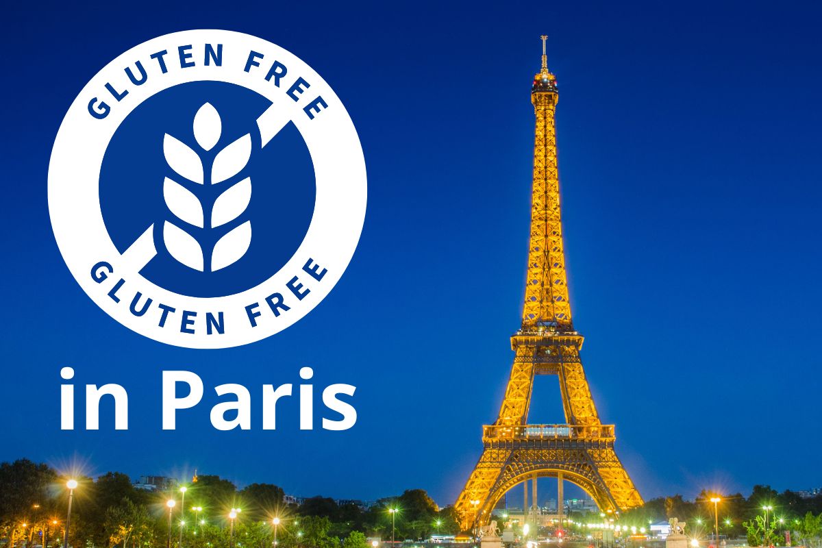 a picture of the Eiffel Tower with the logo "gluten free" and "in Paris" subtitle on the side on the picture