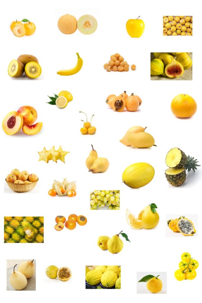 A collage with a variety of yellow fruits.