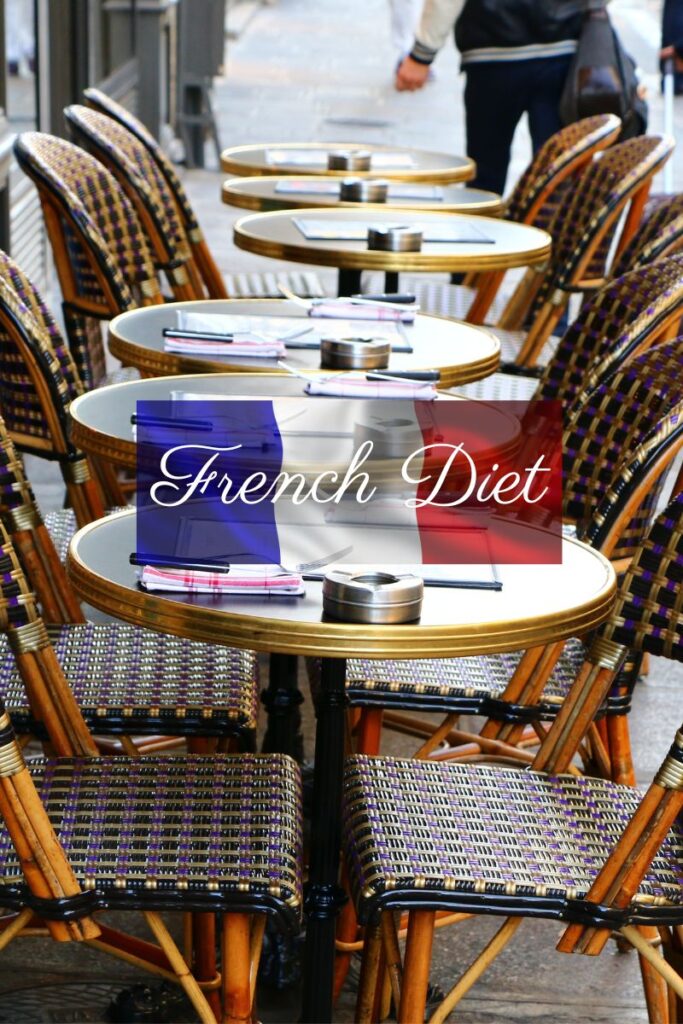 A French restaurant terrace with table and chairs aligned and "French diet" written over it.