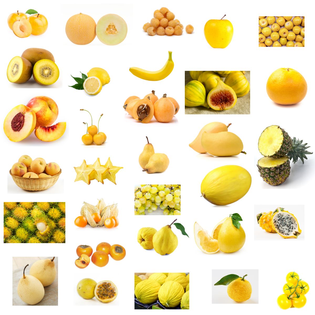 A collage with a variety of yellow fruits.