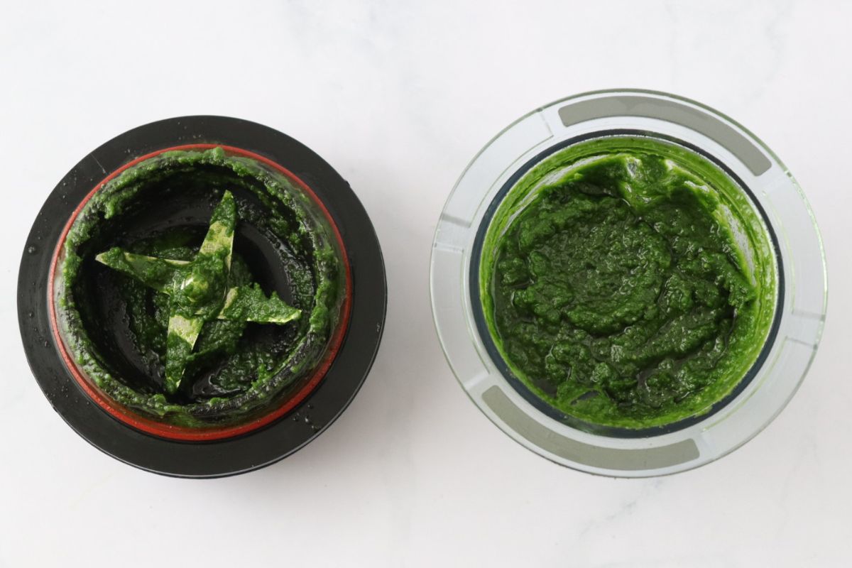 Parsley pesto after being processed in a blender.