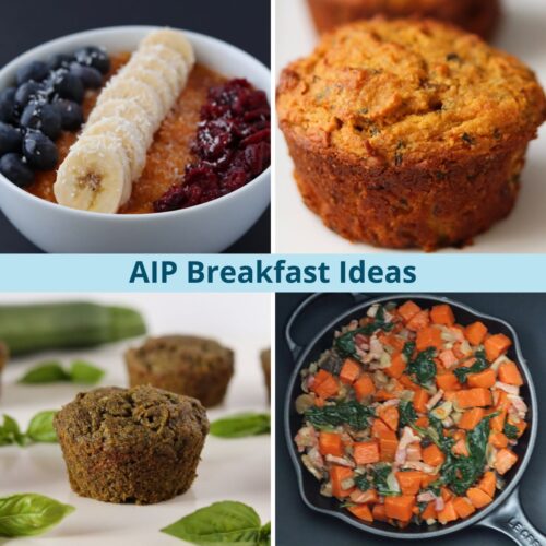 A collage with 4 pictures of breakfast recipes and the title "AIP breakfast ideas" written in the middle.
