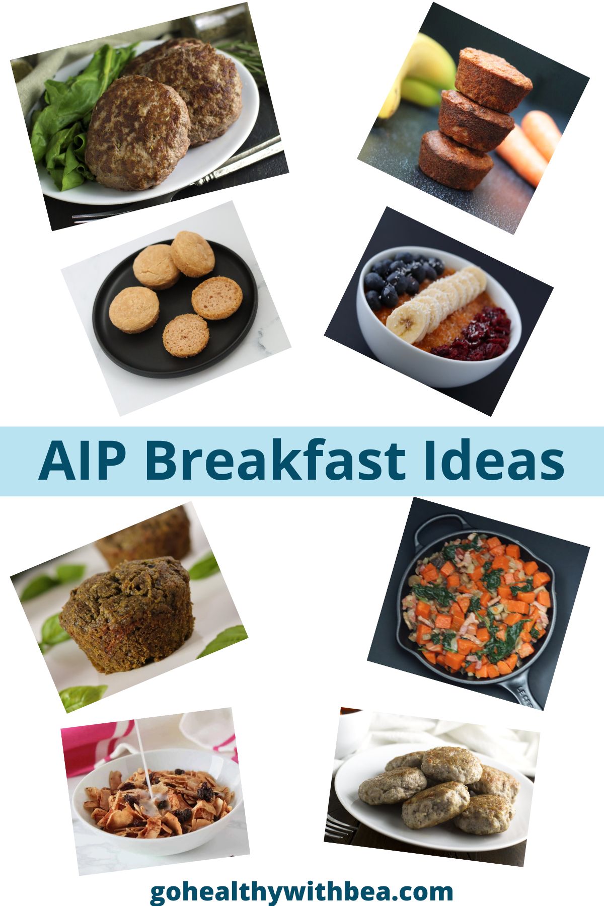A collage with 8 pictures of breakfast recipes and the title "AIP breakfast ideas" written in the middle.