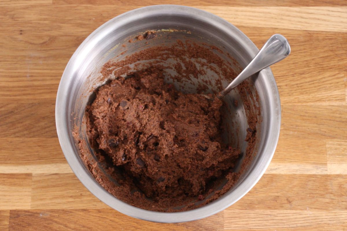 The chocolate raspberry cake batter after adding the chocolate chips and frozen raspberries.