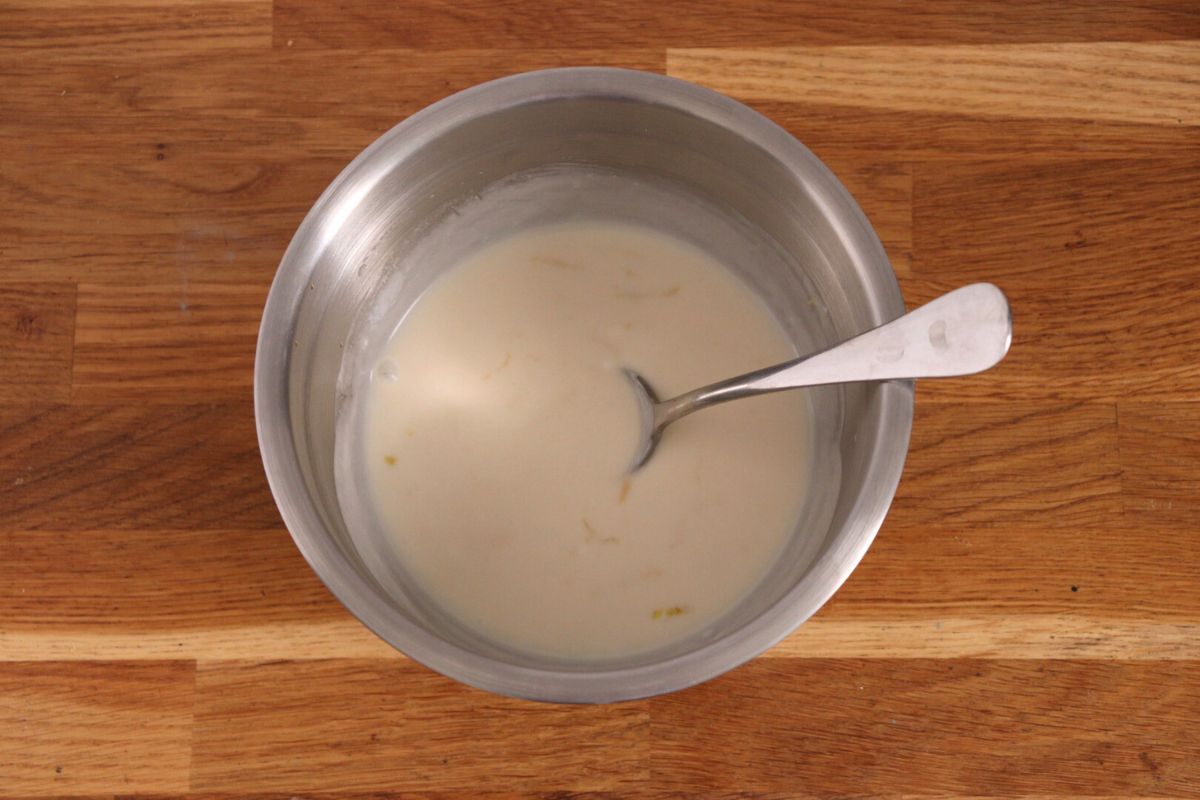 All the wet ingredients from the recipe mixed together in a large bowl.