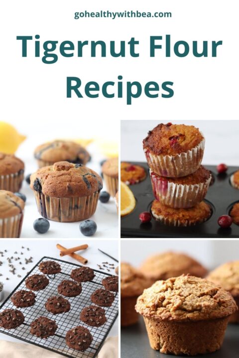 A collage of 4 different pictures of tigernut flour recipes.