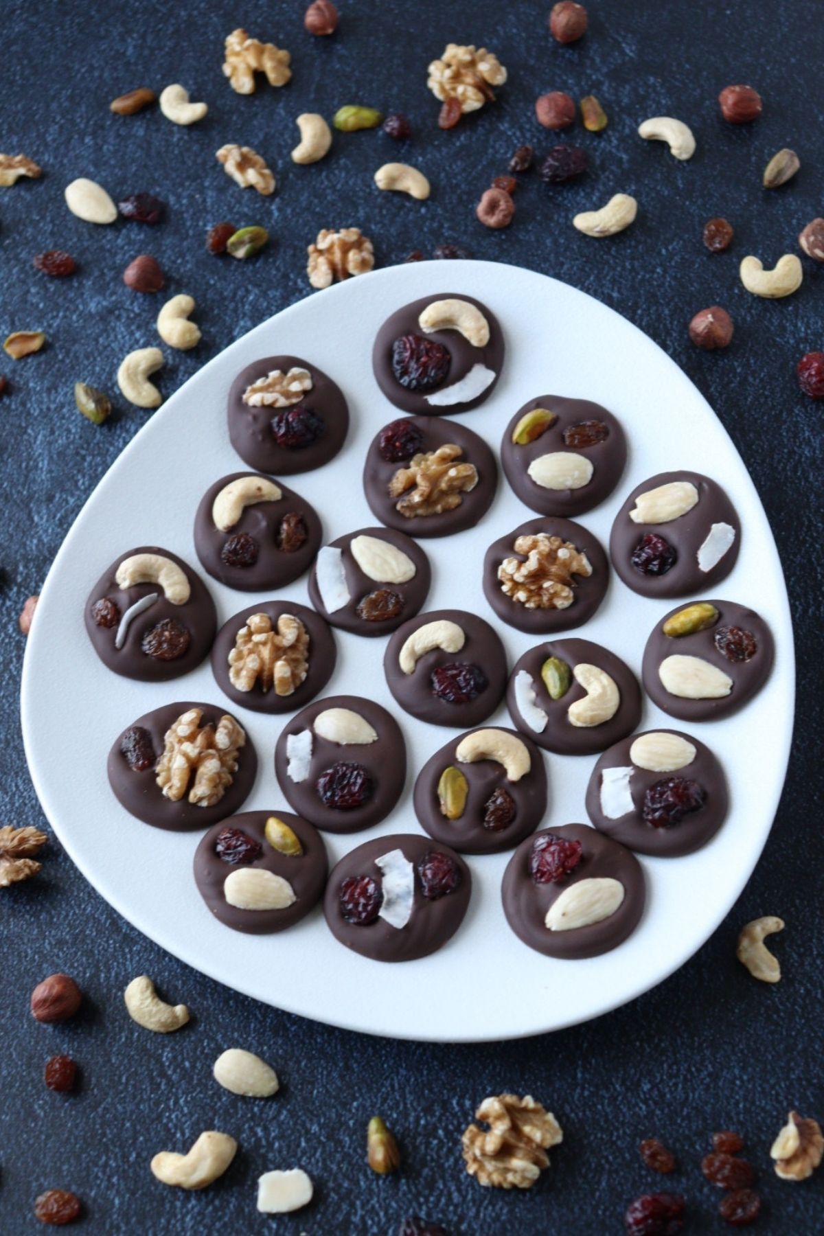 French chocolate bark on a plate surrounded by nuts and dried fruits.
