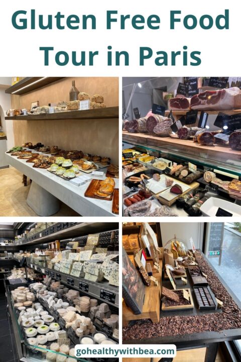 A collage of pictures of a gluten free bakery, a charcuterie shop, a cheese shop and a chocolate shop.