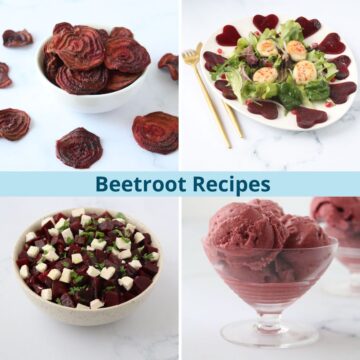 A collage with 4 pictures of a variety of beetroot recipes.