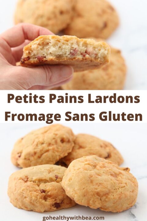 Une main qui tient un petit pain aux lardons et fromage coupé pour montrer la texture à l'intérieur et plein d'autres petits pains tout autour.