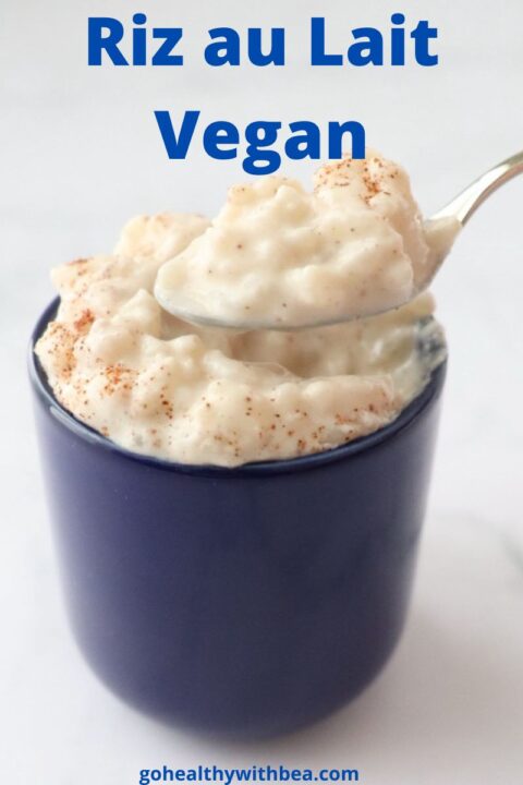 Graphisme avec photo de riz au lait vegan et le titre écrit en bleu.