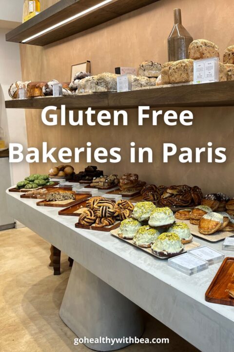 Inside of a dedicated gluten free bakery in Paris: all kinds of gluten free breads and pastries.