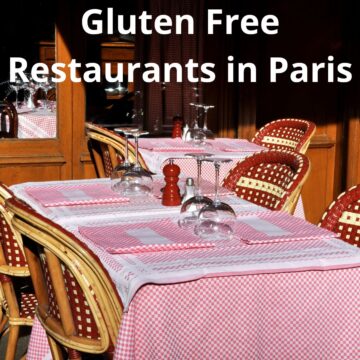 Typical French restaurant tables and chairs on a terrasse and a text overlay saying "gluten free restaurants in Paris".