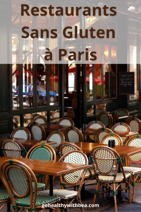 Photo de tables en terrasse d'une brasserie avec le titre "restaurants sans gluten à Paris".
